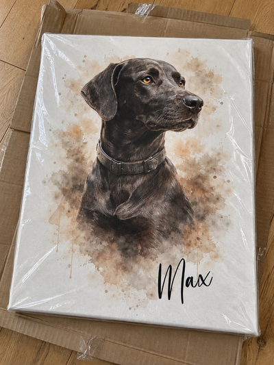 Toile représentant un chien, réalisée à l'aquarelle / dessin à l'aquarelle